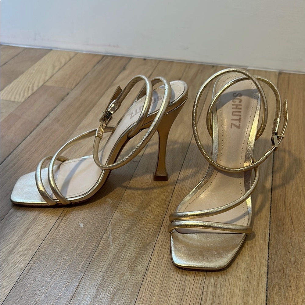 SCHUTZ Metallic Gold Strappy Stiletto Sandals